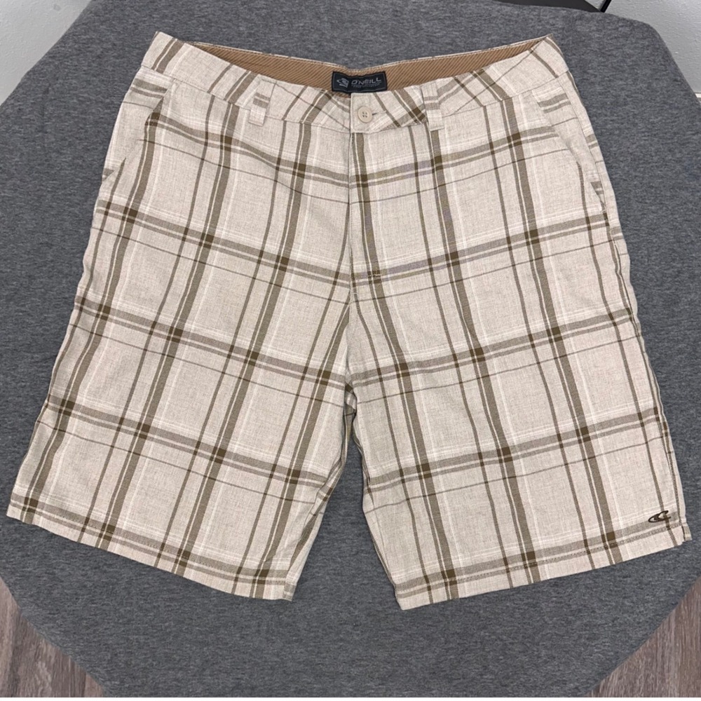 O'Neill Mens Flat Front Shorts Size 38 Tan Plaid Brown Casual Beach Surf Relaxed